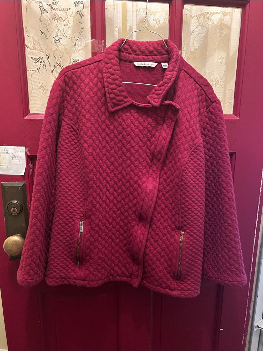 Isaac Mizrahi Quilted Wine Pea Coat with side zipper pockets